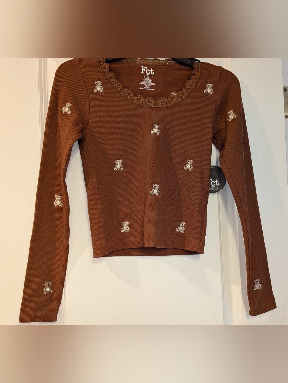 NWT, Brown,Ribbed,Long Sleeve, Lace Neck, Teddy Bear Top - Ladies Jr SM OR Md